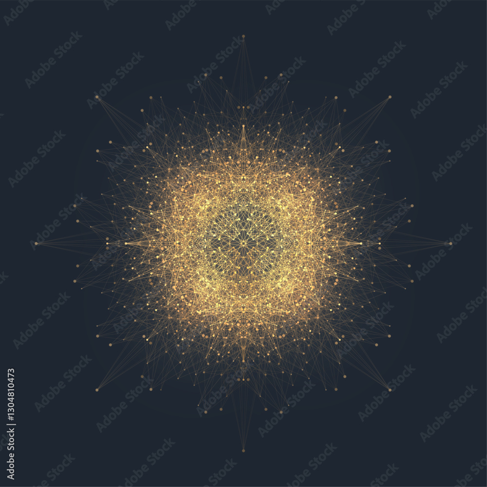 Aufkleber Digital fractal element with connected golden lines and dots. Minimal lines plexus array. Big data complex visualization. Vector illustration