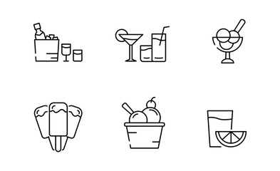 Set of Summer Food and Drink icon, Lime, Ice cream and Popsicle, Wine and Cocktails Symbol Outline icon, Editable Stroke