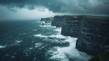 Dramatic View of Dark Stormy Clouds Over Rugged Cliffside and Turbulent Ocean Waves
