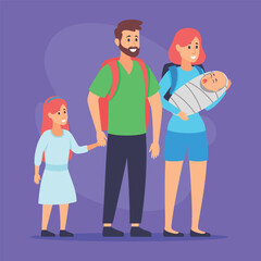 Cheerful family standing together against vibrant background. Father holding backpack while mother carrying baby, and their daughter holding hands with him. Love and unity concept