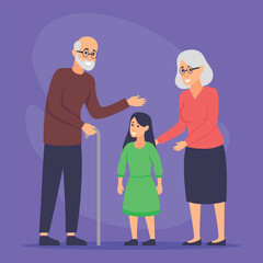 Elderly couple greeting their young granddaughter with smiles and warmth. Joyful gathering among generations concept