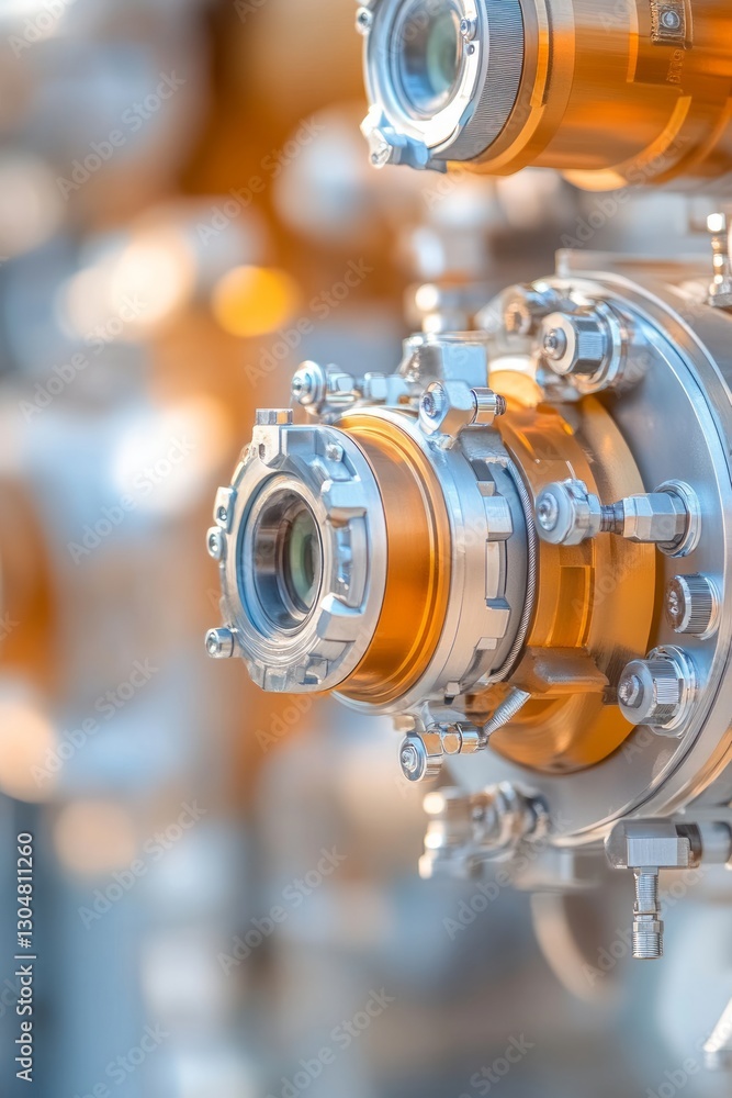 Poster a detailed view of a precision mechanical part highlighting metallic textures and colors, showcasing