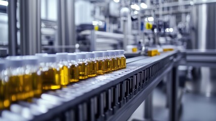 Beverage bottling production line in modern factory setting. Conveyor Belt on a Modern Factory