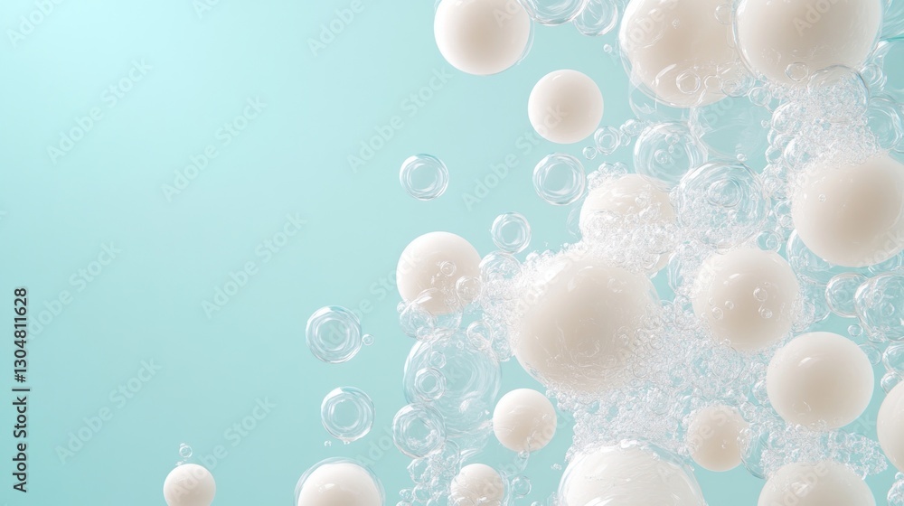 Poster white spheres and transparent bubbles effortlessly float in a tranquil blue setting, creating a peac