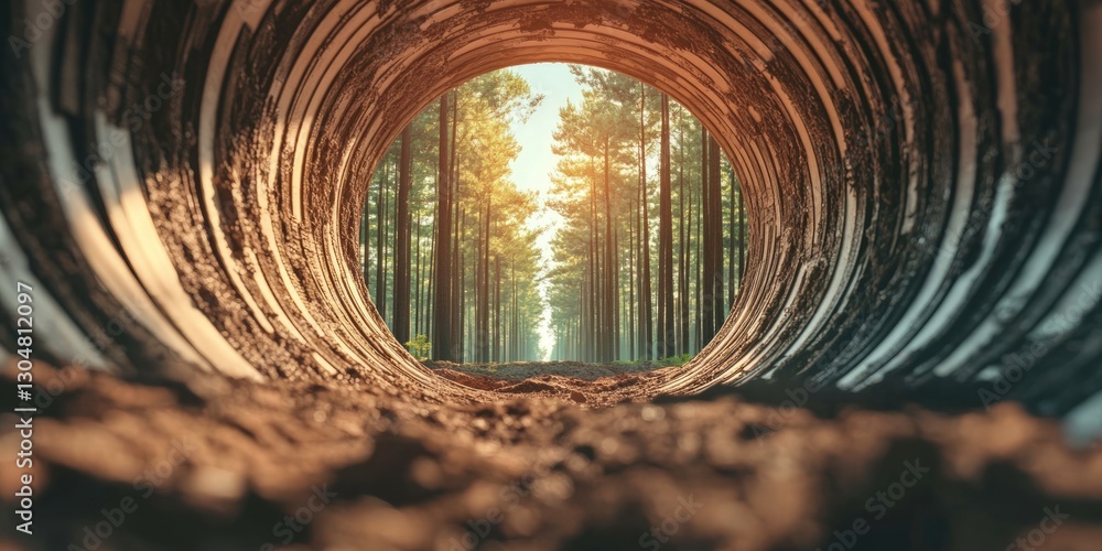 Poster sunlight streams into a large pipe, illuminating a pathway into the lush green forest filled with ta