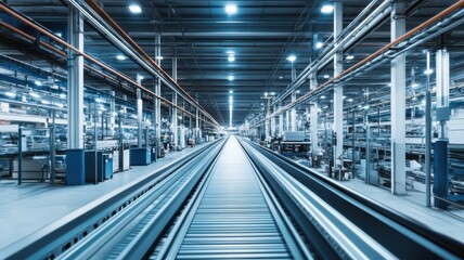 Fototapeta premium Industrial factory interior with endless conveyor belt for manufacturing and production. Conveyor Belt on a Modern Factory