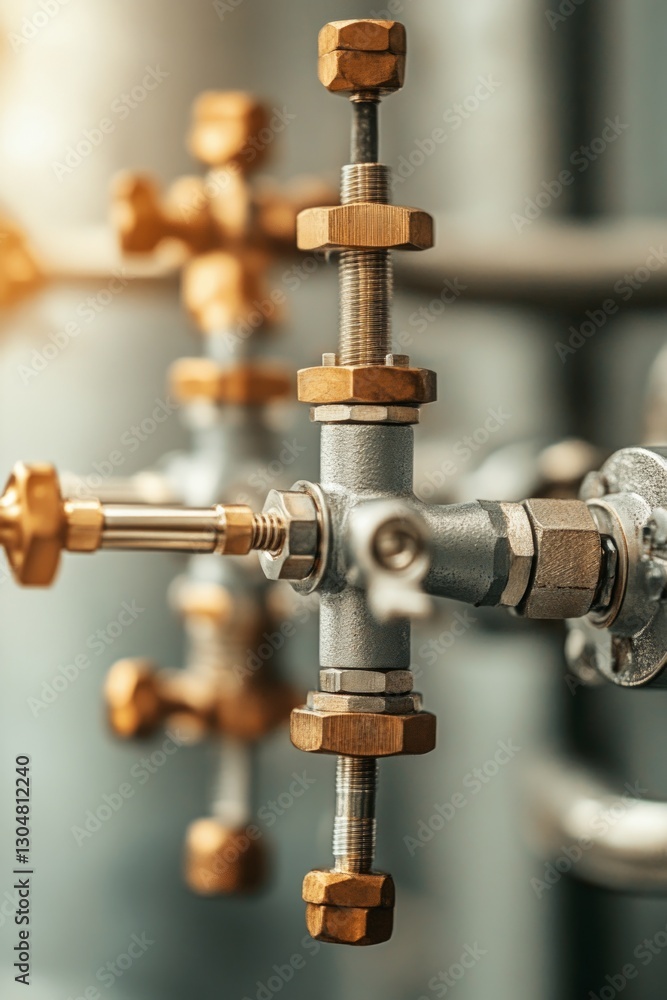 Poster an industrial valve with metallic fittings is displayed in a factory setting with sunlight illuminat