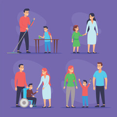 Family set with various interactions. Children engaged with parents in supportive activities, encouraging teamwork and bonding. Family unity and care concept