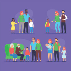 Family set with diverse group activities including conversations, playful moments, and family bonding times among different generations