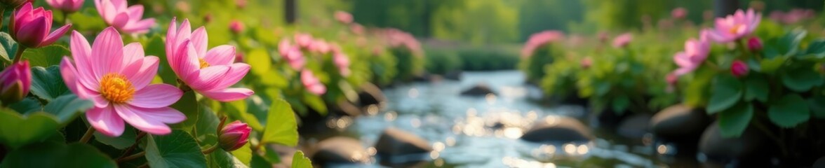 Obraz premium Soft pink petals unfurl in a lush bed of blooming flowers by a calm stream, serenity, flowers