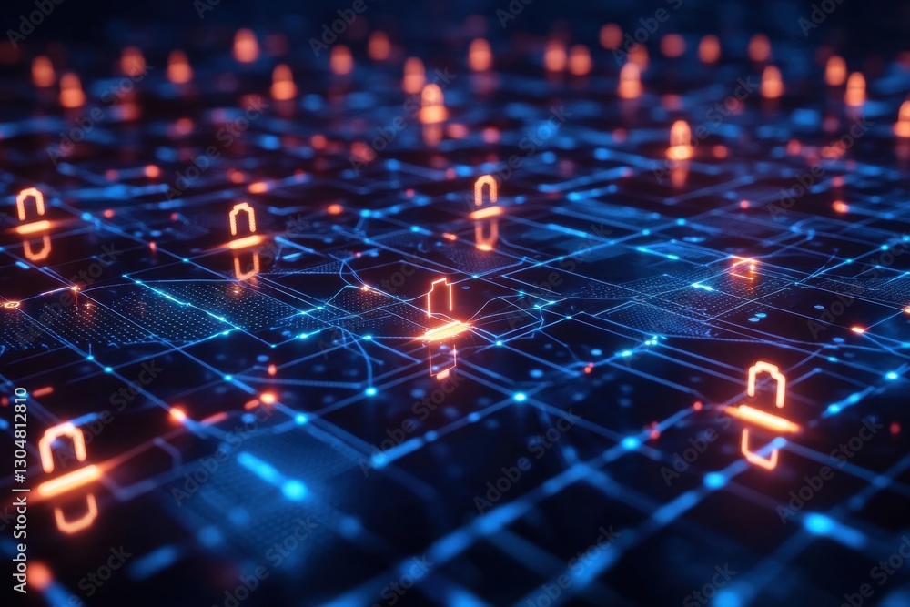 Poster abstract futuristic network security with glowing orange padlock icons and blue circuit board lines 