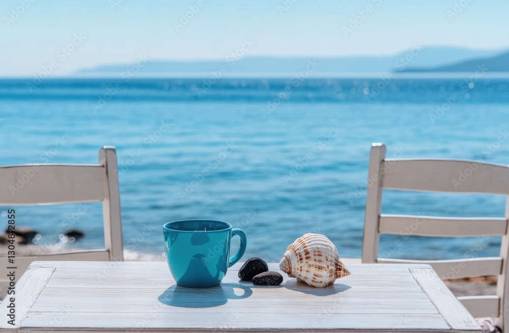 Poster A photo of a blue coffee mug on a table, with two chairs in front of the sea. Next to the mug are a shell and some pebbles. The view in the background is of a beautiful beach.