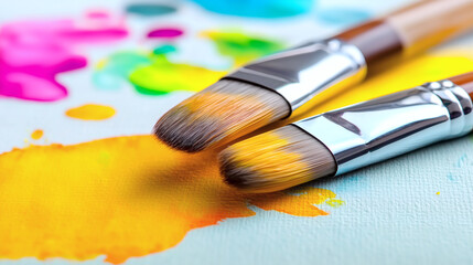 Fototapeta premium Painting action with brushes art studio artistic content colorful environment close-up view creative expression