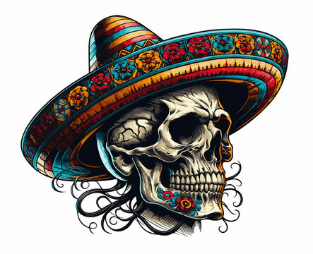 Teschio con cappello messicano. Sombrero simbolo di  folklore. Generative AI