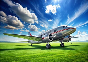 Vintage DC-3 Airplane Parked on Grassy Field, Copy Space