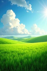 Obraz premium Soft puffy clouds drifting across a serene scene of a lush green farm field under the warm sunlight, spring,