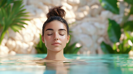 Young woman meditating in a spa pool with tropical surroundings