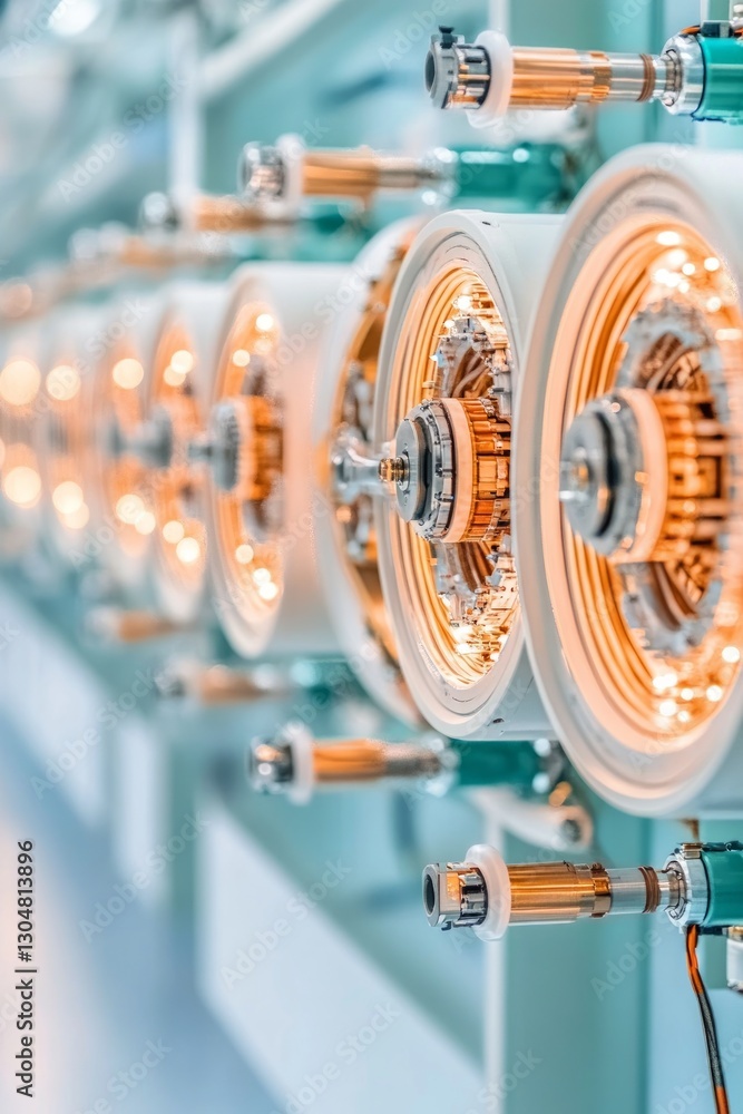 Poster an advanced laboratory displays multiple electromagnetic devices with glowing coils and detailed wir