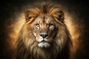 Fototapeta premium Vintage Dramatic Lion Portrait, Intense Gaze, Wildlife Photography, Majestic King