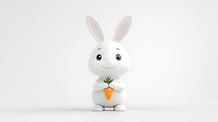 Obraz premium Cute cartoon bunny holding carrot, smiling, centered on white background studio shot
