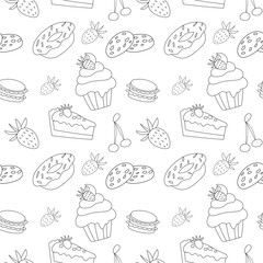 Sweet doodle is a seamless pattern of candies, muffins, goodies, pies and berries. Culinary background, wallpaper, packaging for pastry shops, coloring book, black and white.