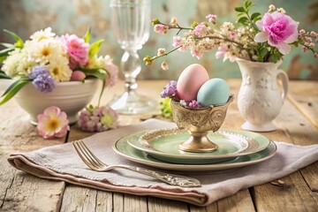 Vintage Easter Table Setting with Decorated Eggs & Spring Flowers