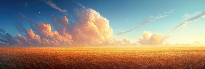 A surreal landscape with floating clouds over golden wheat fields. Dreamlike scenery, fantasy world, artistic vision, serene atmosphere, imaginative perspective, sky-bound elements. Generative AI.