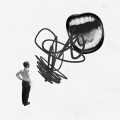 Businessman facing massive mouth with abstract scribbles, representing communication barriers,...