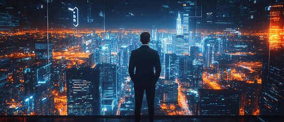 Executive gazing over a futuristic city skyline at night