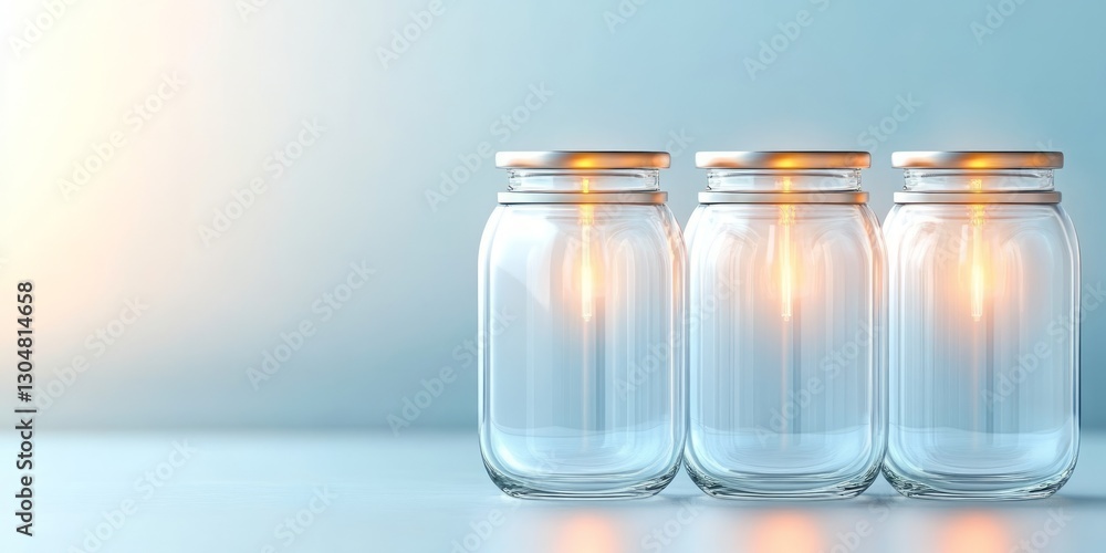 Poster three clear glass jars with wooden lids hold soft candlelight, creating a warm and inviting atmosphe