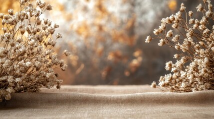 Fototapeta premium Dried flowers sitting on a table, with a warm linen-textured cloth background, soft natural light highlighting the delicate petals, concept of simplicity, nature, tranquility.