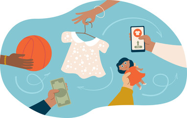 people_Online marketplace for second-hand kids items. Used and Preowned Toys and clothes Online Trading Platform. Sustainable Consumption and Resale Market. Flat vector illustration