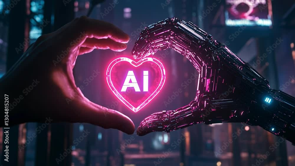 Poster digital embrace: human and robotic hands form a heart around a neon ai symbol, signifying the fusion