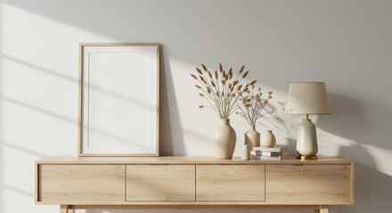 Modern minimalist interior with a light wood console against a soft white wall and a blank wooden frame