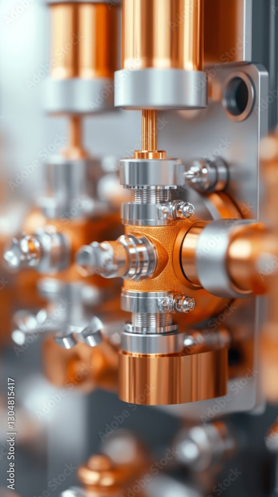 Poster close-up of a valve assembly showcasing intricate components and metallic textures. taken in a moder