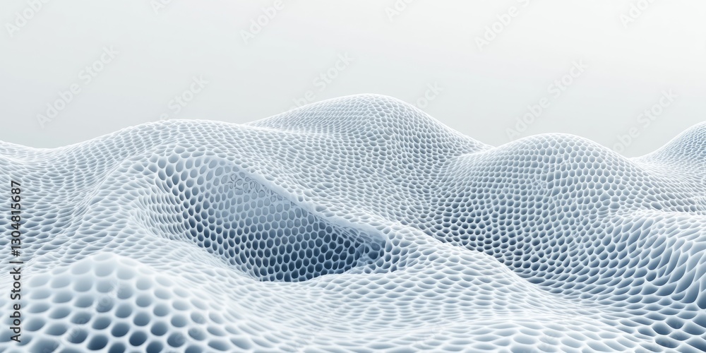 Poster The surface features flowing waves with intricate geometric shapes, creating a serene and modern visual effect in soft white and gray tones