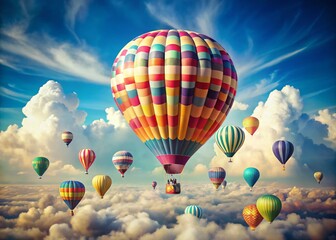 Fototapeta premium Vintage Hot Air Balloon Soaring Through Blue Sky - Joy, Freedom, Dreams