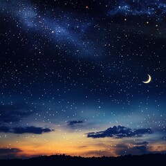 Enchanting twilight sky with a crescent moon and countless shimmering stars over a glowing sunset horizon, creating a serene celestial scene