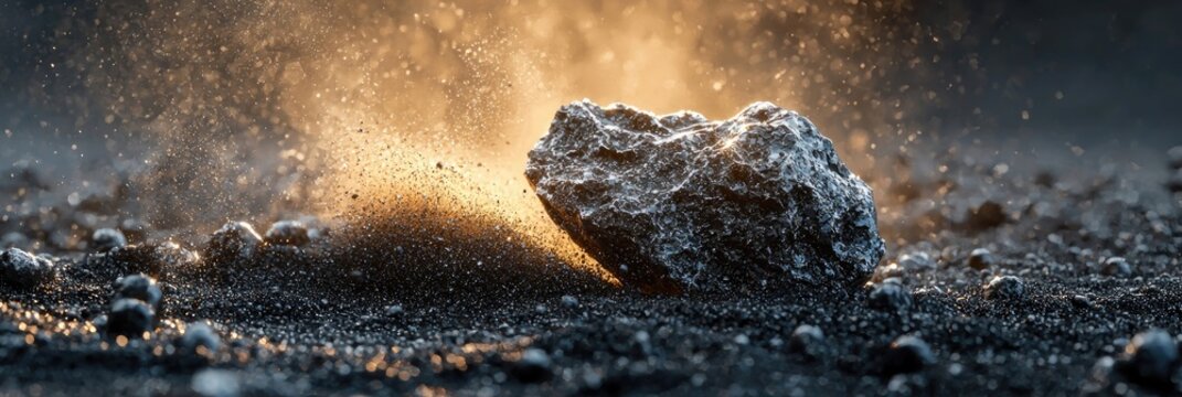A rugged black rock resting on a sandy desert floor, illuminated by soft golden light. Tiny dust particles float in the air, adding depth and mystery. Generative AI.