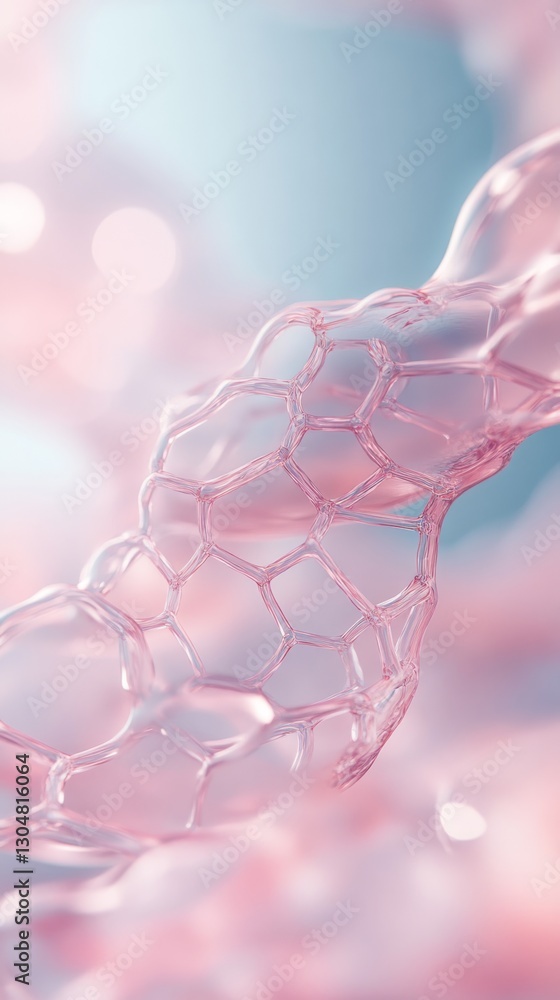 Poster a soft pink bubble-like structure showcases intricate hexagonal patterns, illuminated by gentle ligh