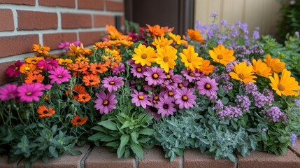 Vibrant Floral Display: A colorful assortment of flowers bursts with life and beauty, arranged artfully against a brick wall creating a natural and cheerful display