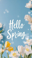 White daffodils with Hello Spring text on light background, seasonal spring postcard