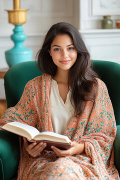 young indian woman reading book at home