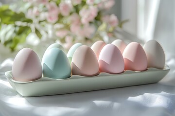 row of pastel-colored Easter eggs  displayed in a ceramic tray 