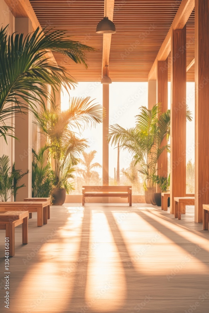 Aufkleber sunlight streams through large windows, casting warm rays across a spacious area adorned with lush p