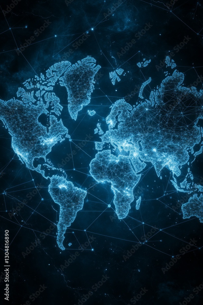 Poster a digital representation of a world map highlighted in bright blue, showcasing intricate network con