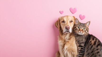 St Valentines Day postcard, Cat and dog hugging each other on color background with drawn hearts