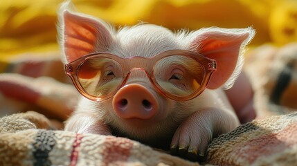 Charming Piglet in Sunglasses: A delightful piglet, sporting fashionable sunglasses, exudes a relaxed and playful vibe, evoking a sense of joy and lightheartedness. 
