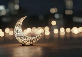 Eid Crescent moon lamp illuminated at night, blurred lights in background