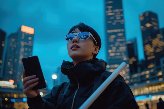 Blind person uses a special smartphone app adapted for the blind, technological accessibility for people with disabilities